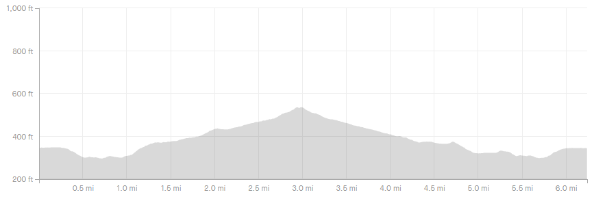 A picture of an elevation profile showing 308ft of climb between the start and half way with a gradual downhill profile from half way to the finish.